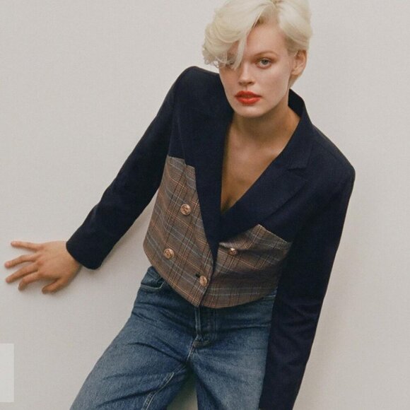 Anthropologie Dolan Corset Blazer Blue Plaid Linen Blend Size Small - Picture 2 of 9